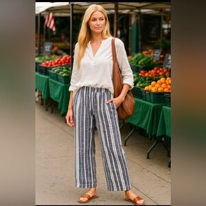 Joe Fresh navy & white linen striped pants w/pockets, elastic waist 🤍💙
